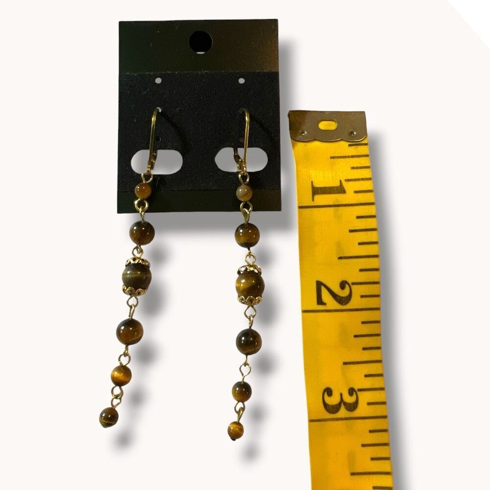 Tiger Eye Beaded Dangle Earrings Gold Tone Boho Artisan Brown - Picture 4 of 5